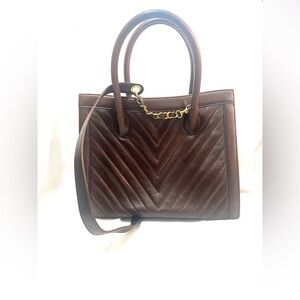 CHANEL V Stitch Chevron Brown Leather Tote Bag